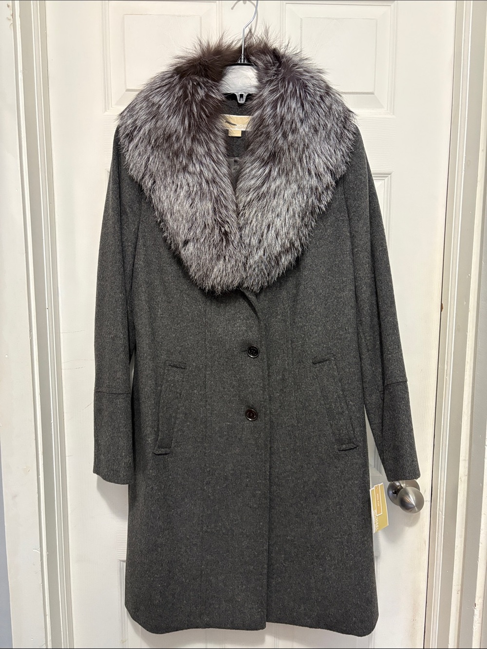 NWT Michael Kors Gray Wool/Cashmere Trench with Real Silver Fox Fur Collar